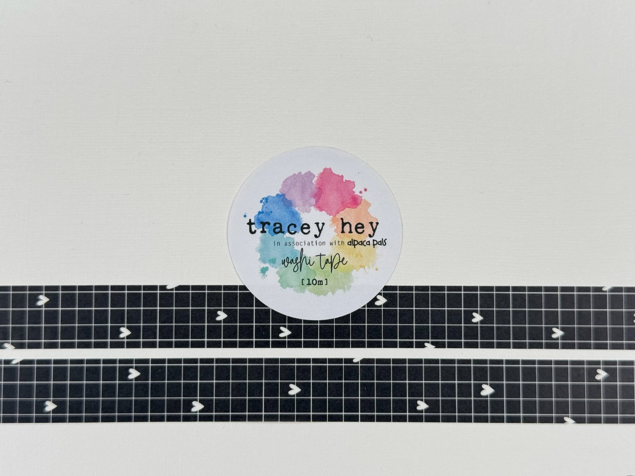Tracey Hey Washi Tape - "Black with White Heart Grid, Vertical" 15mm